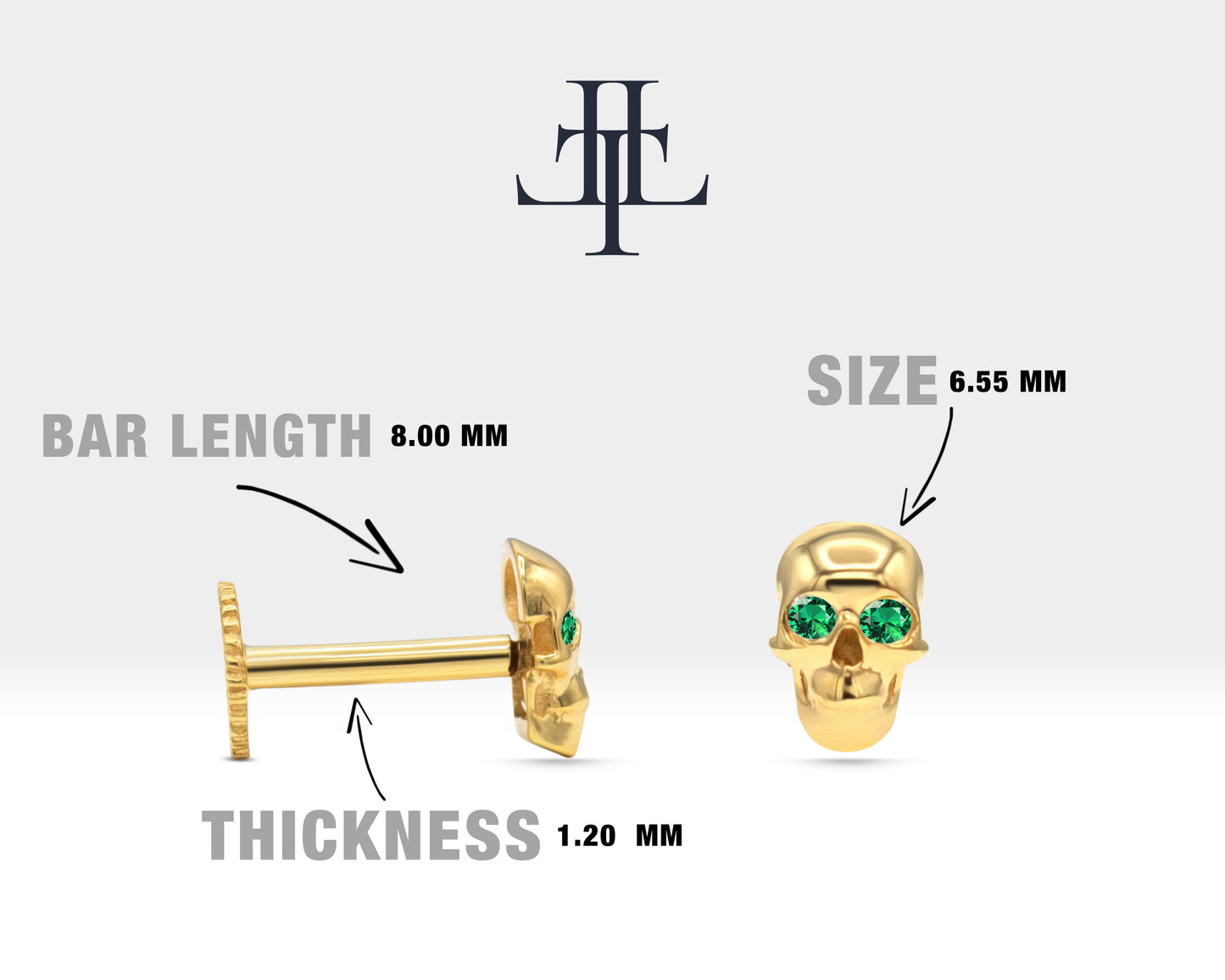 Cartilage Tragus Skull Design Green Garnet Clicker Piercing, Single Dainty Piercing in 14K Solid Gold, 16G(1.2mm), 8mm Bar Length | LP00044G