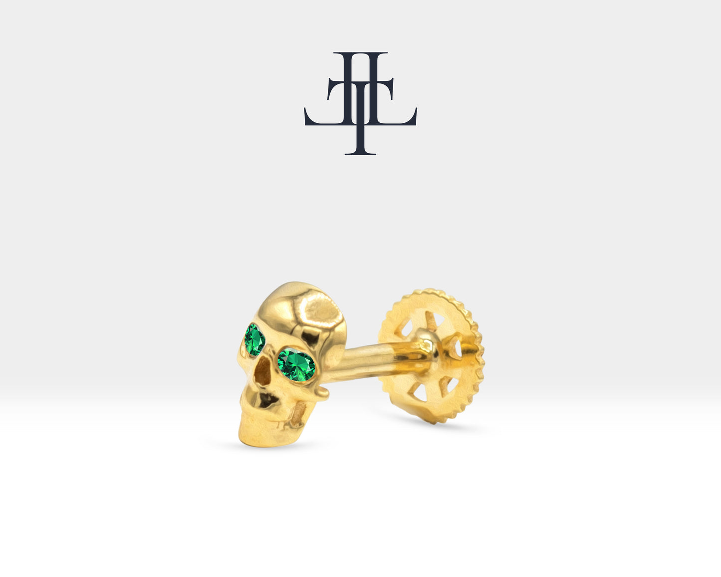 Cartilage Tragus Skull Design Green Garnet Clicker Piercing, Single Dainty Piercing in 14K Solid Gold, 16G(1.2mm), 8mm Bar Length | LP00044G