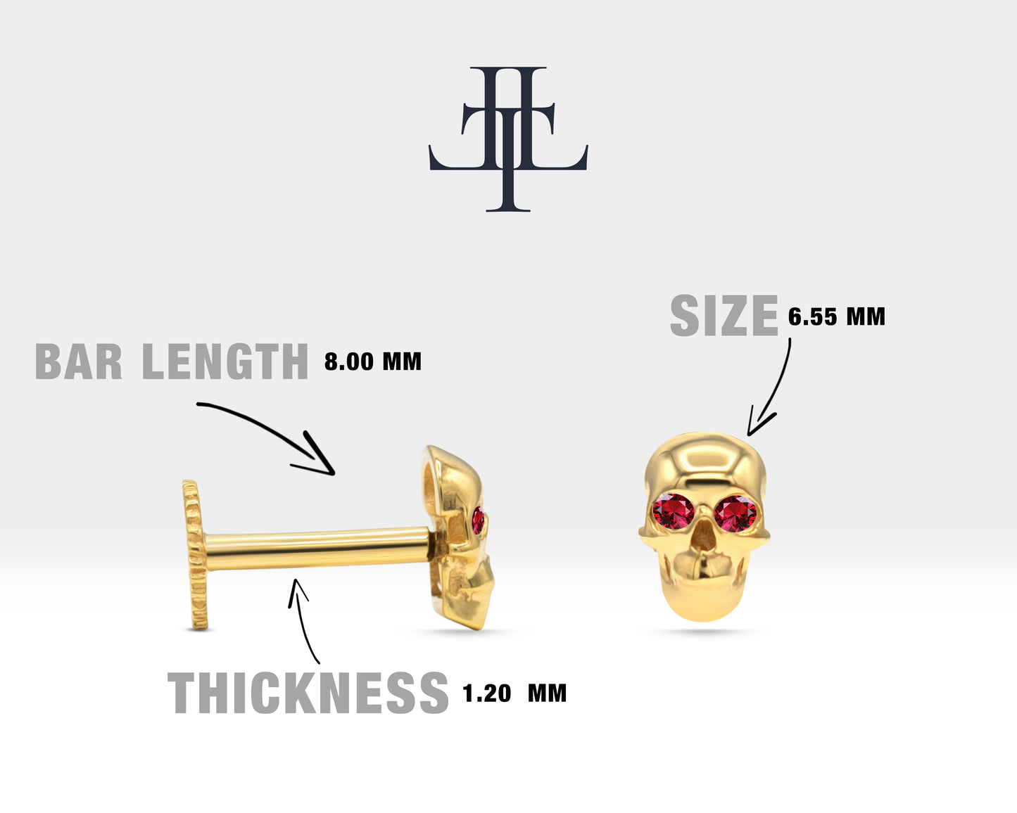 Cartilage Tragus Skull Design Ruby Clicker Piercing, Single Dainty Piercing in 14K Solid Gold, 16G(1.2mm), 8mm Bar Length | LP00044R