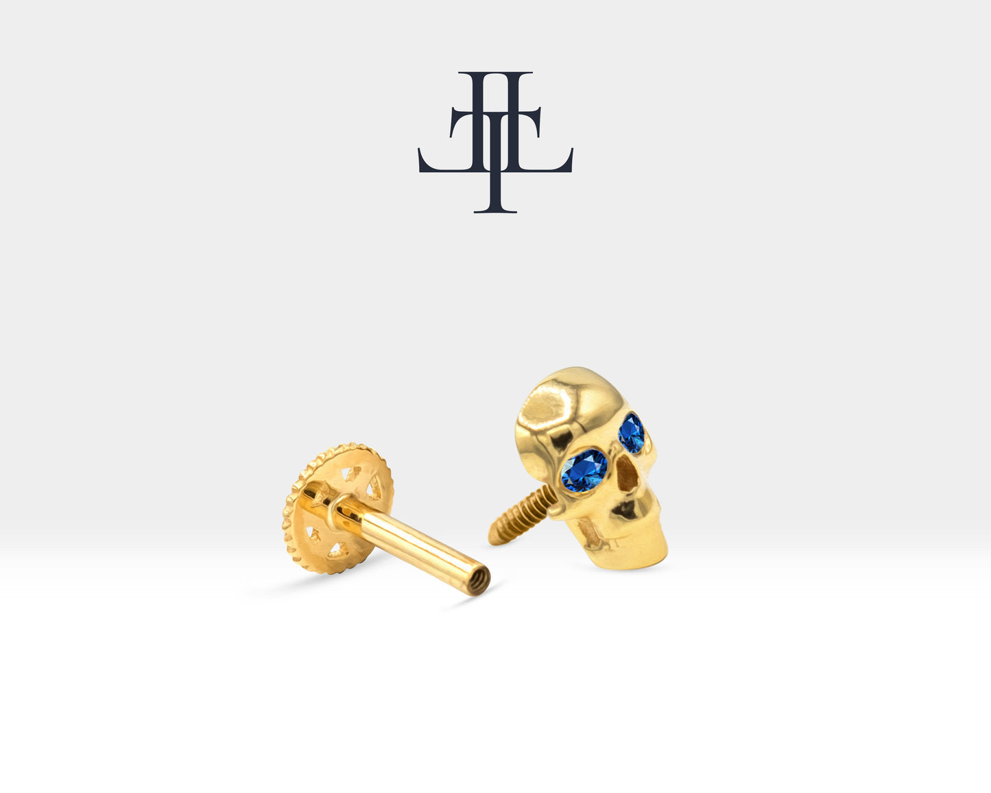 Skull Shaped Piercing with Sapphire, Tragus and Cartilage Piercing in 14K Yellow Solid Gold, 16G(1.2 mm), 8mm Bar Length | LP00044S