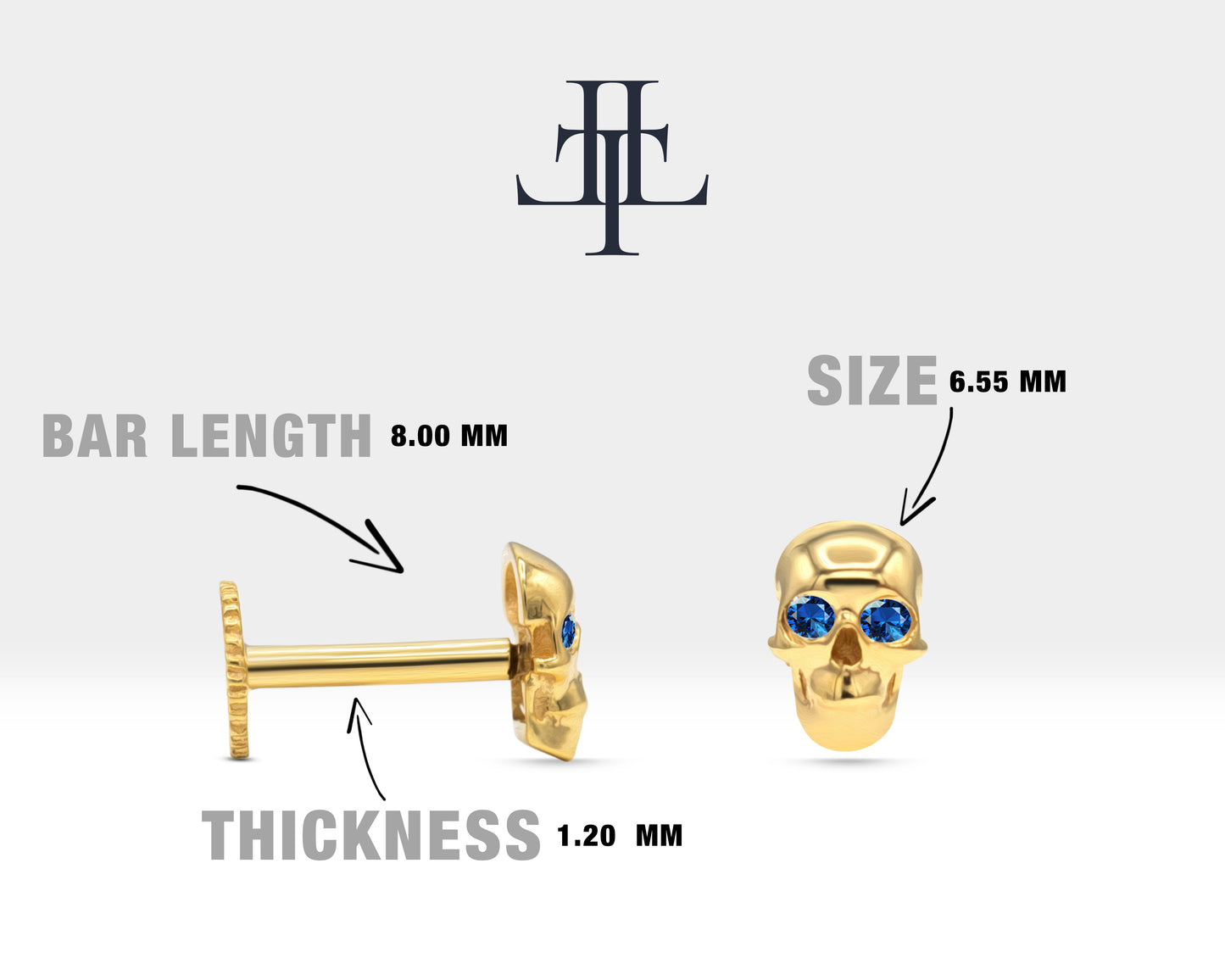 Skull Shaped Piercing with Sapphire, Tragus and Cartilage Piercing in 14K Yellow Solid Gold, 16G(1.2 mm), 8mm Bar Length | LP00044S