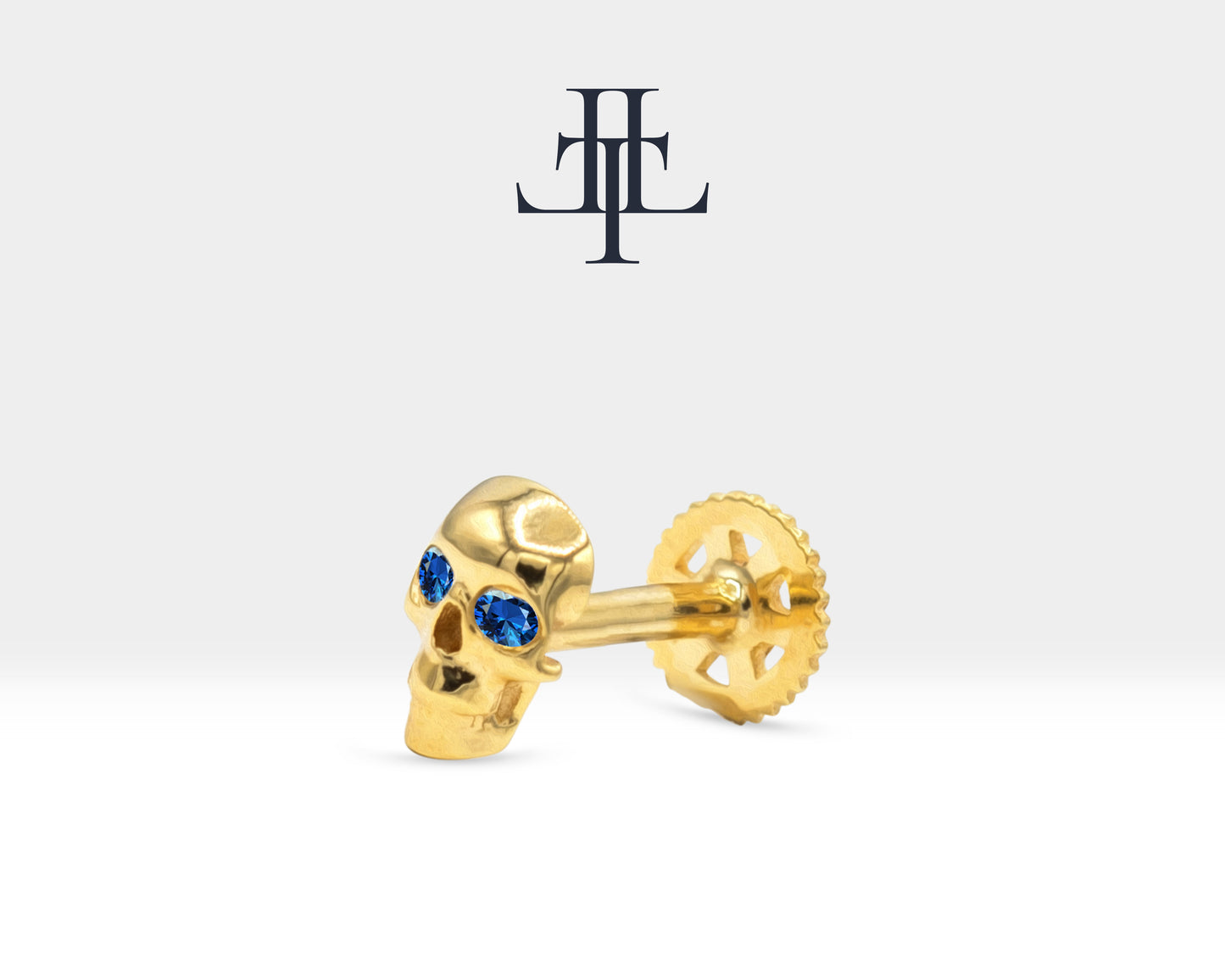 Skull Shaped Piercing with Sapphire, Tragus and Cartilage Piercing in 14K Yellow Solid Gold, 16G(1.2 mm), 8mm Bar Length | LP00044S