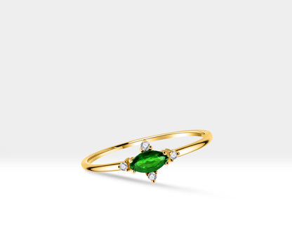 14K Yellow Gold Ring,Straight Shank Engagement Ring,Marquise Emerald with Diamond