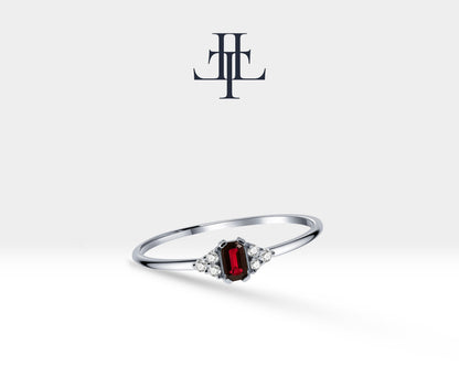 14K Yellow Solid Gold Band,Multi Stone Ring,Baguette Cut Ruby and Diamond Ring