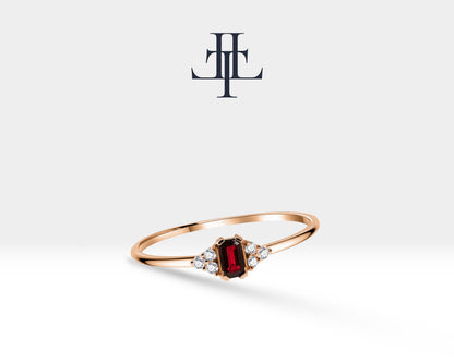 14K Yellow Solid Gold Band,Multi Stone Ring,Baguette Cut Ruby and Diamond Ring