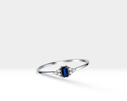 14K Yellow Solid Gold Band,Multi Stone Ring,Baguette Cut Sapphire and Diamond Ring