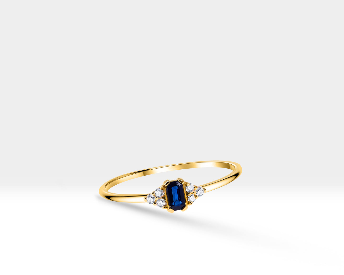 14K Yellow Solid Gold Band,Multi Stone Ring,Baguette Cut Sapphire and Diamond Ring