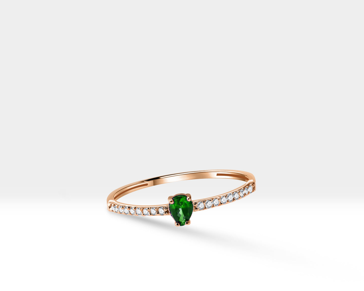 14K Yellow Gold Ring,Straight Shank Engagement Ring,Pear Cut Emerald with Half Eternity