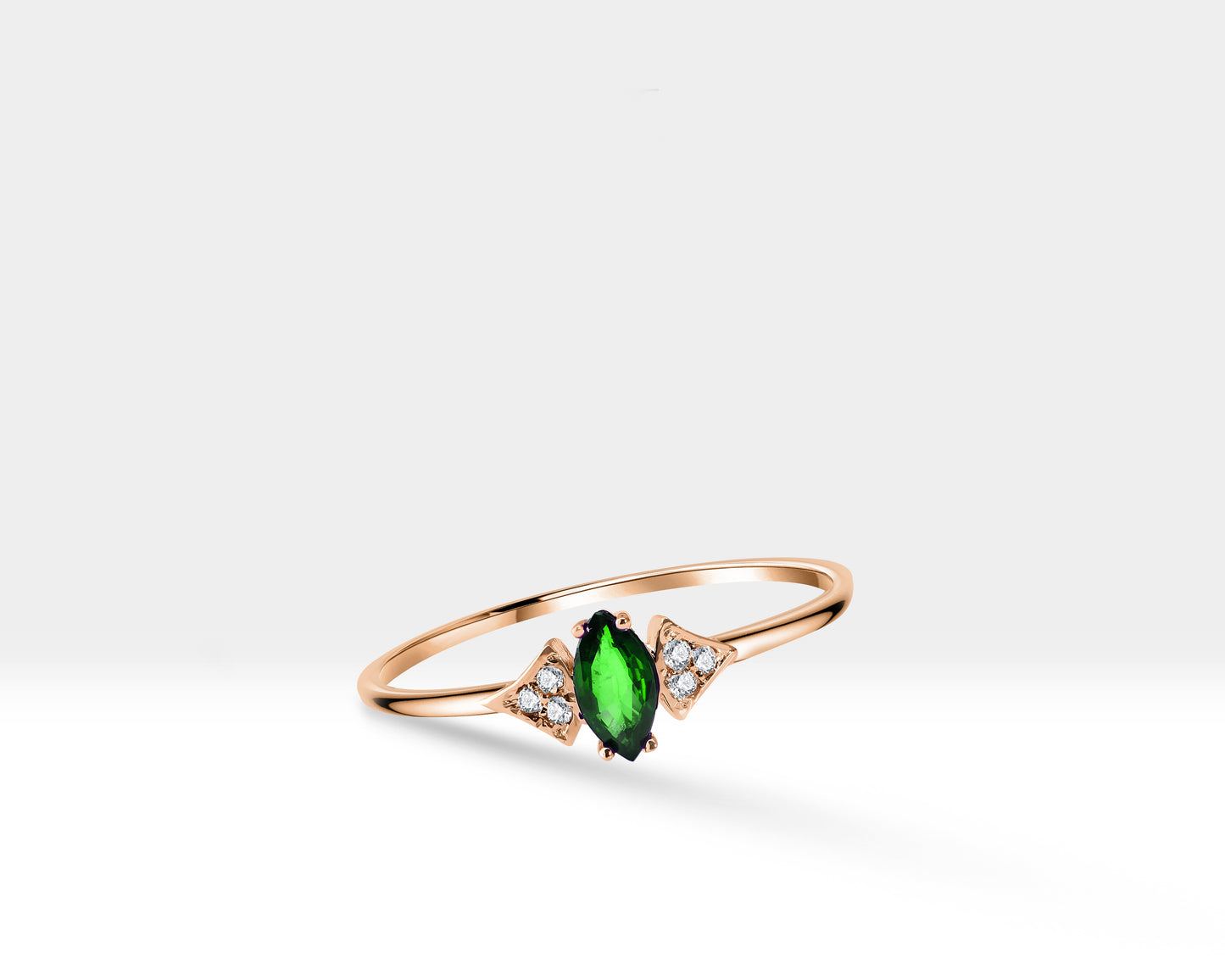 14K Yellow Gold Ring,Gold Band Ring,Marquise Cut Emerald and Diamond Ring