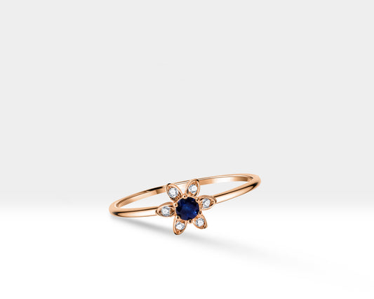 14K Yellow Solid Gold Band,Multi Stone Ring,Floral Design Ring,Sapphire and Diamond Ring
