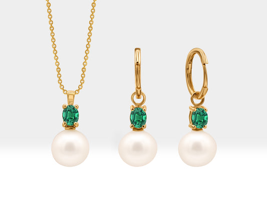 Pearl Necklace with Oval Emerald Set in 14K Solid Gold Bridal Jewelry Set of Pearl Necklace and Earrings Dangle Hoops for Wedding