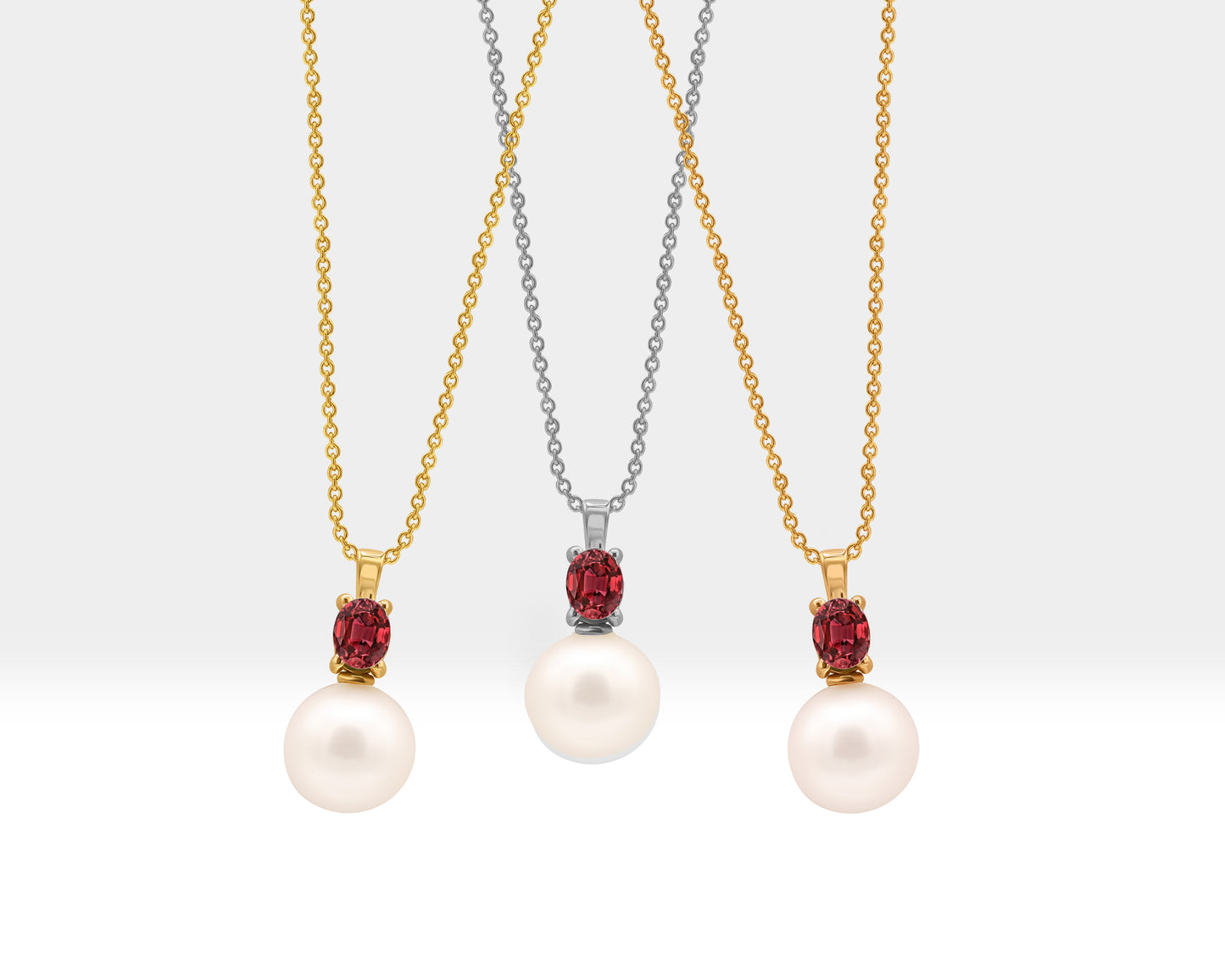 Pearl Necklace with Oval Ruby Set in 14K Solid Gold Bridal Jewelry Set of Pearl Necklace and Earrings Dangle Hoops for Wedding