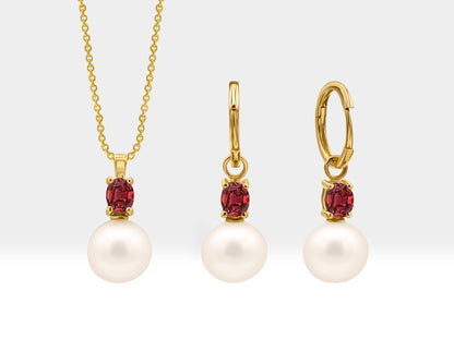 Pearl Necklace with Oval Ruby Set in 14K Solid Gold Bridal Jewelry Set of Pearl Necklace and Earrings Dangle Hoops for Wedding