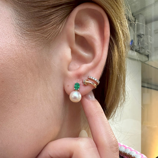 Pearl Earrings with Oval Cut Emerald Earring in 14K Solid Gold Stud Earrings for Women Wedding Jewelry | LES00005PE