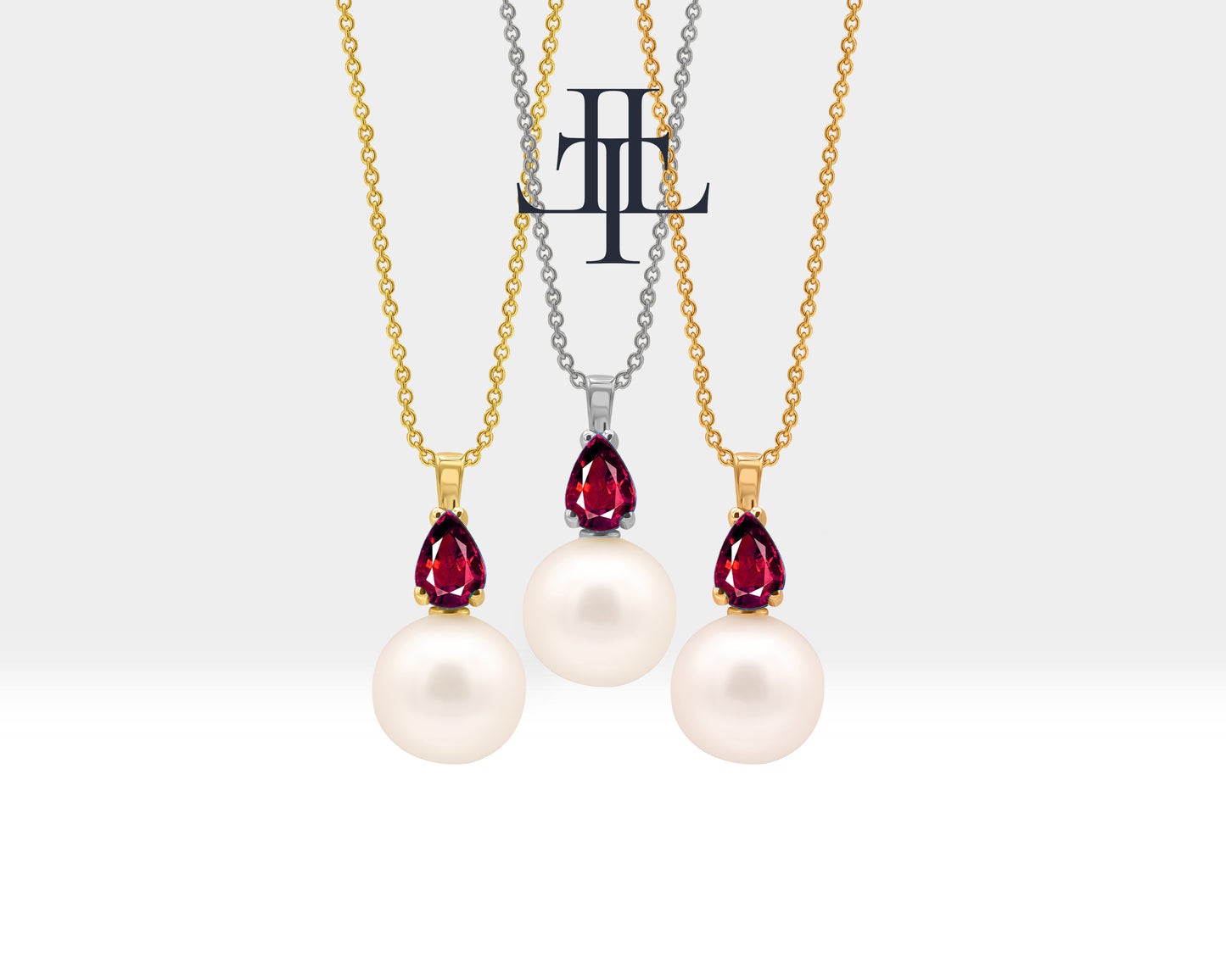 Pear Cut Ruby and Pearl Jewelry Set Pearl Necklace and Earrings Set in 14K Solid Gold Pearl Necklace Earring Set for Bridal