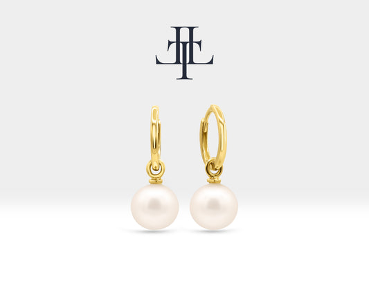 Pearl Drop Earrings Gold Dangle Hoop Earrings for Women Earring in 14K Solid Gold Hoops with Natural Pearl for Bridal Jewelry | LE00077P