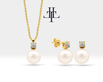 Bridal Jewelry Set of Pearl Earrings and Necklace Set in 14K Solid Gold Jewelry Set with Opal and Natural Pearl Stud Earrings | LS00014PO