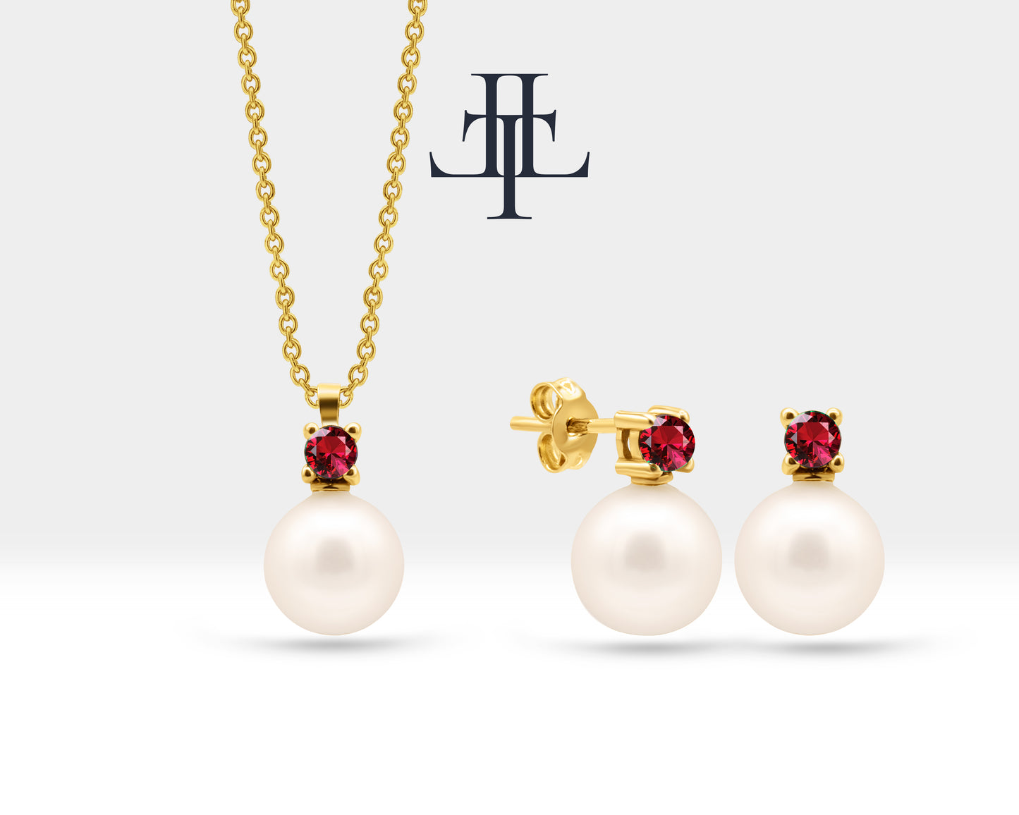 Bridal Jewelry Set of Pearl Earrings and Necklace Set in 14K Solid Gold Jewelry Set with Ruby and Natural Pearl Stud Earrings | LS00014PR