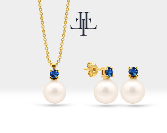 Bridal Jewelry Set of Pearl Earrings and Necklace Set in 14K Solid Gold Jewelry Set with Sapphire and Natural Pearl Stud Earrings | LS00014PS