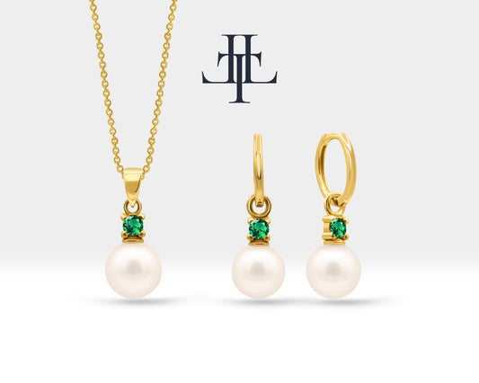 Bridal Jewelry Set of Pearl Earrings and Necklace Set in 14K Solid Gold Jewelry Set with Emerald and Natural Pearl Earrings | LS00015PE