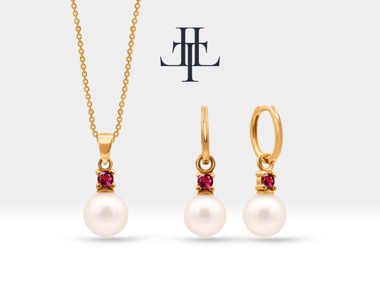 Bridal Jewelry Set of Pearl Earrings and Necklace Set in 14K Solid Gold Jewelry Set with Ruby and Natural Pearl Earrings | LS00015PR