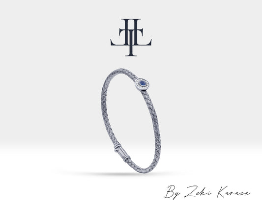 Handmade Sapphire Solitaire Silver Bracelet with Surrounded by Diamonds | ZB00004DS