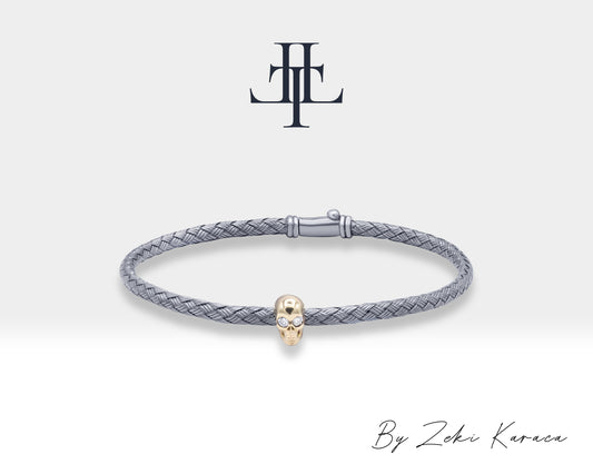 Gold Skull Design Straw Braided Handmade Silver Bracelet with Brown Diamond | ZB00005BD