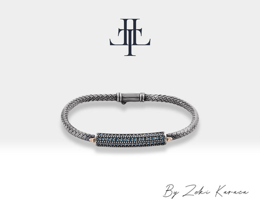 Straw Braided Lined with Blue Diamonds and Mini Skull Design Handmade Silver Bracelet | ZB00009D