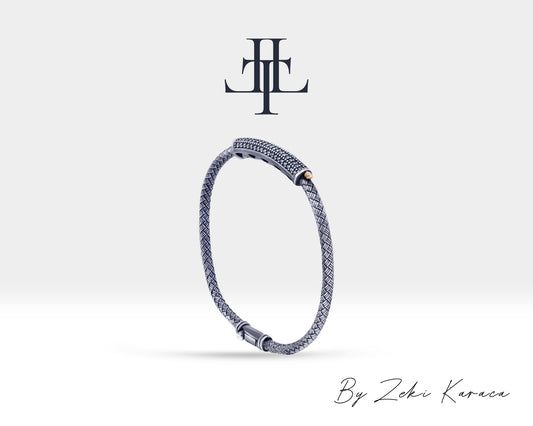 Straw Braided Lined with Blue Diamonds and Mini Skull Design Handmade Silver Bracelet | ZB00009D