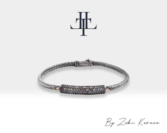 Straw Braided Lined with Rainbow Sapphire and Mini Skull Design Handmade Silver Bracelet | ZB00010DS