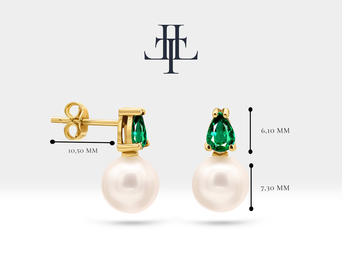 Pearl Earrings in 14K Solid Gold Pearl Earring with Pear Cut Emerald Stud Earrings for Bridal Jewelry | LES00004PE