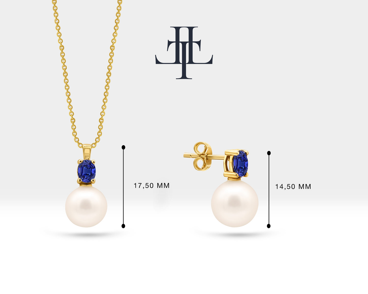 Pearl Necklace and Earrings Set in 14K Solid Gold Pearl Necklace with Oval Cut Sapphire Stud Earrings for Wedding