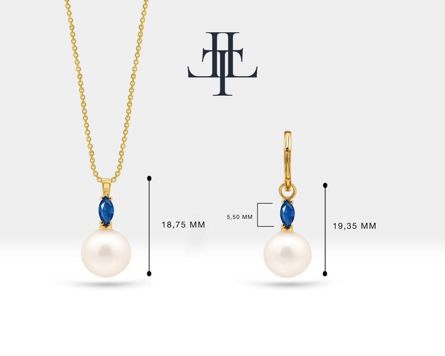 Necklace and Earrings Set in 14K Solid Gold with Pearl Necklace Earring Set for Bridal Jewelry Set with Marquise Cut Sapphire