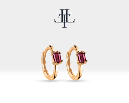 Cartilage Hoop Earring,Baguette Cut Ruby Earring in 14K Yellow White Rose Solid Gold Earrings