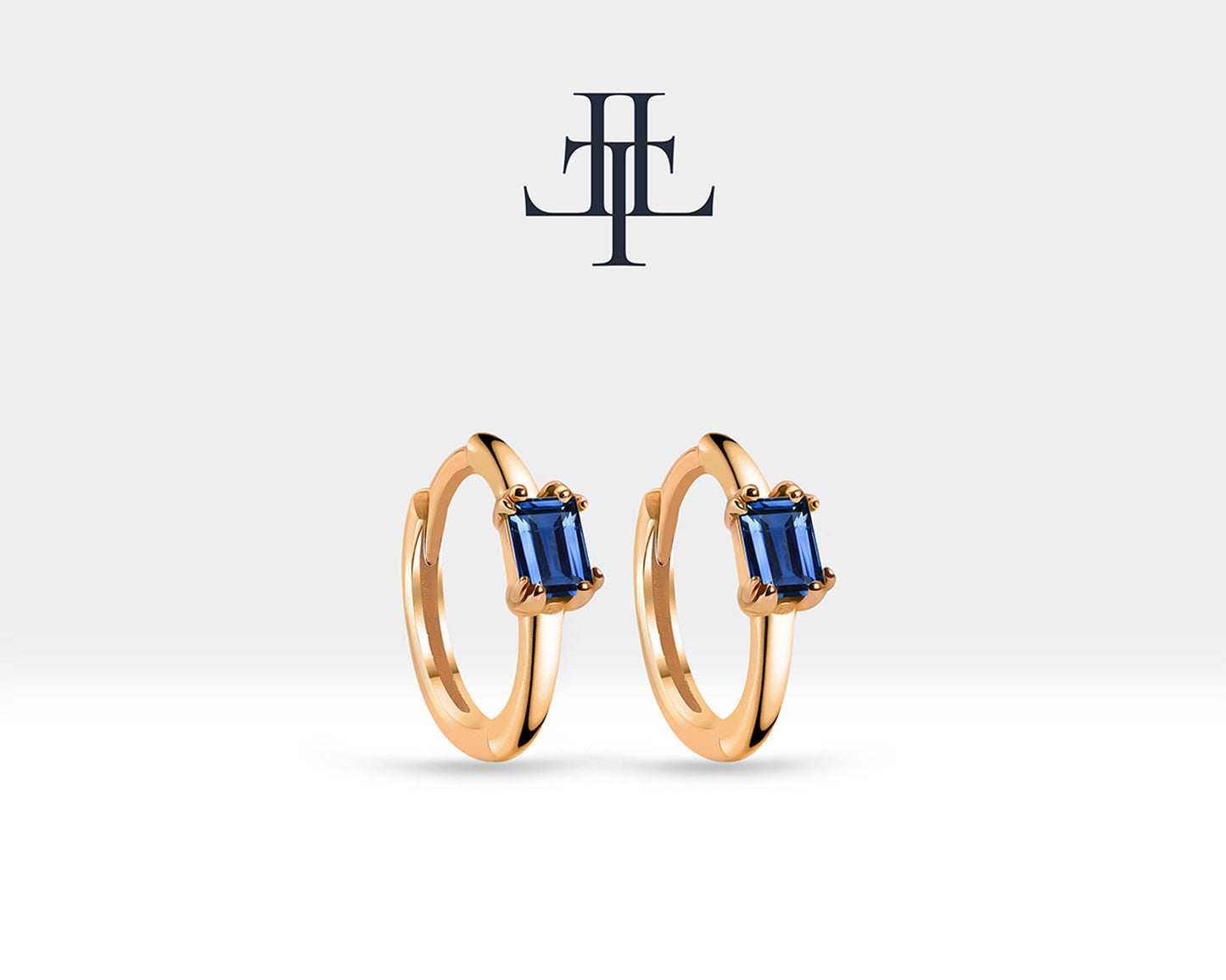 Cartilage Hoop, Baguette Cut Sapphire Earring, 14K Yellow White Rose Solid Gold Earlobe Earring