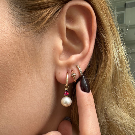 Pearl Earrings with Pear Cut Ruby Dangle Hoops in 14K Solid Gold Pearl Earring for Bridal Jewelry Wedding Earrings  |  LE00080PR