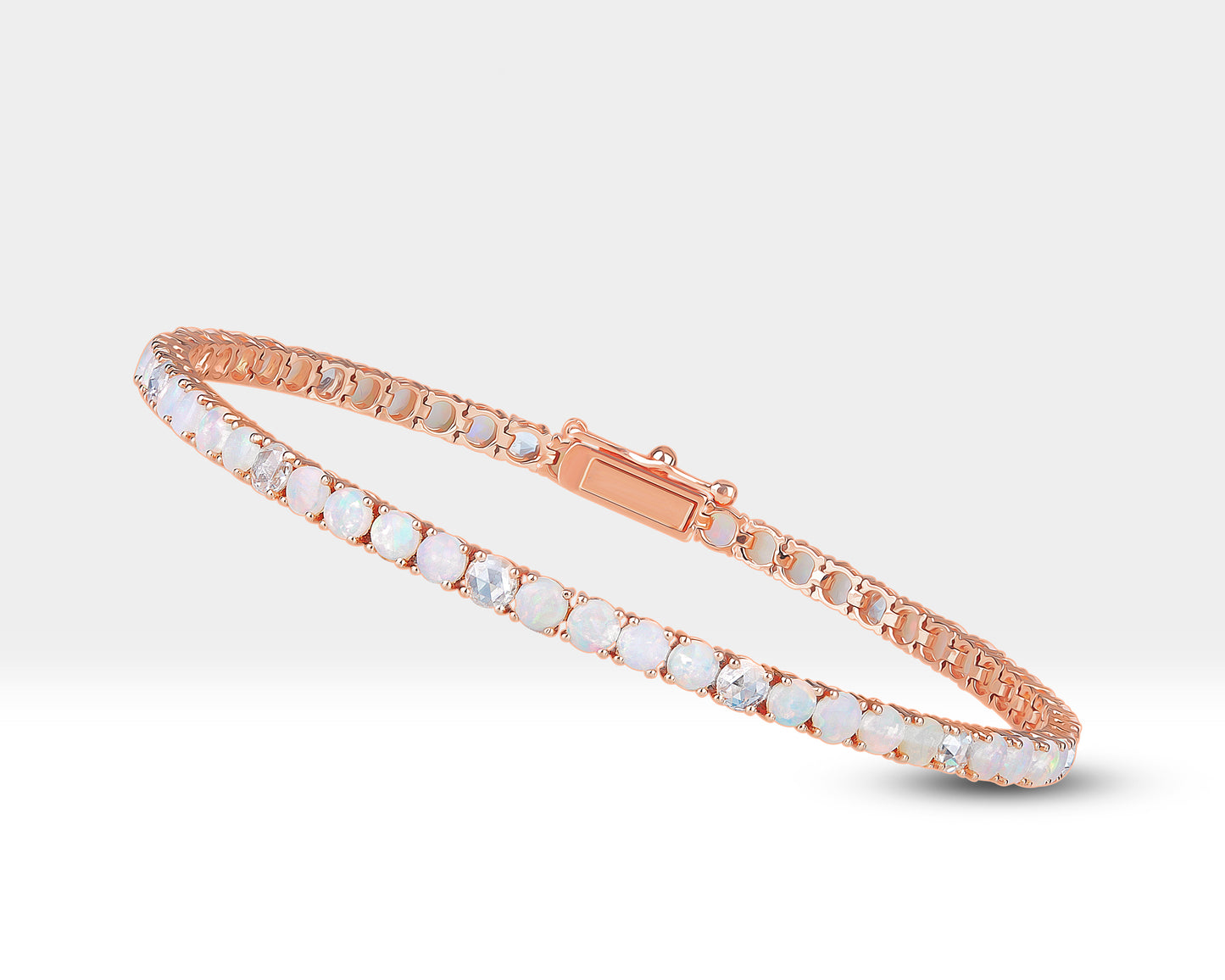 Opal and Diamond Stones Tennis Solid Gold Bracelet