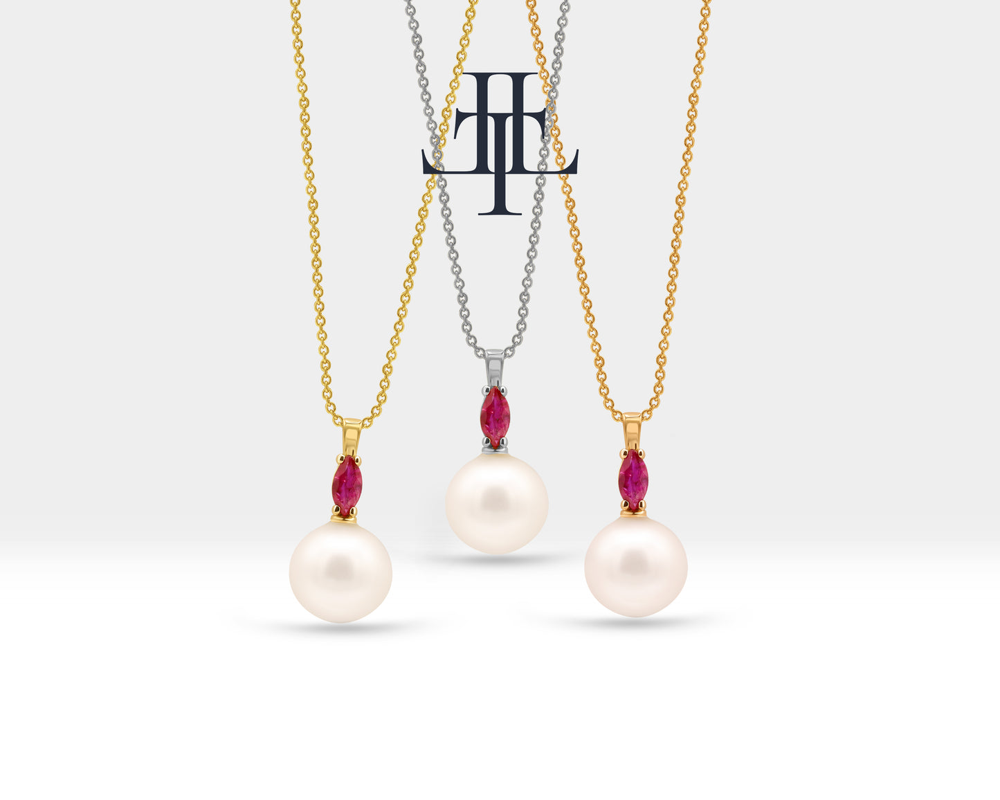Bridal Jewelry Set Necklace and Earrings Set in 14K Solid Gold with Pearl and Marquise Cut Ruby Necklace Earring Set