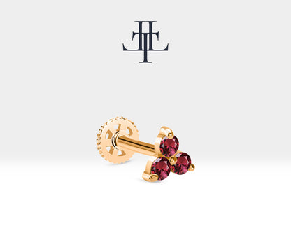 Cartilage Tragus Three Stone Piercing, Round Cut Ruby Piercing,14K White-Yellow-Rose Solid Gold,16G
