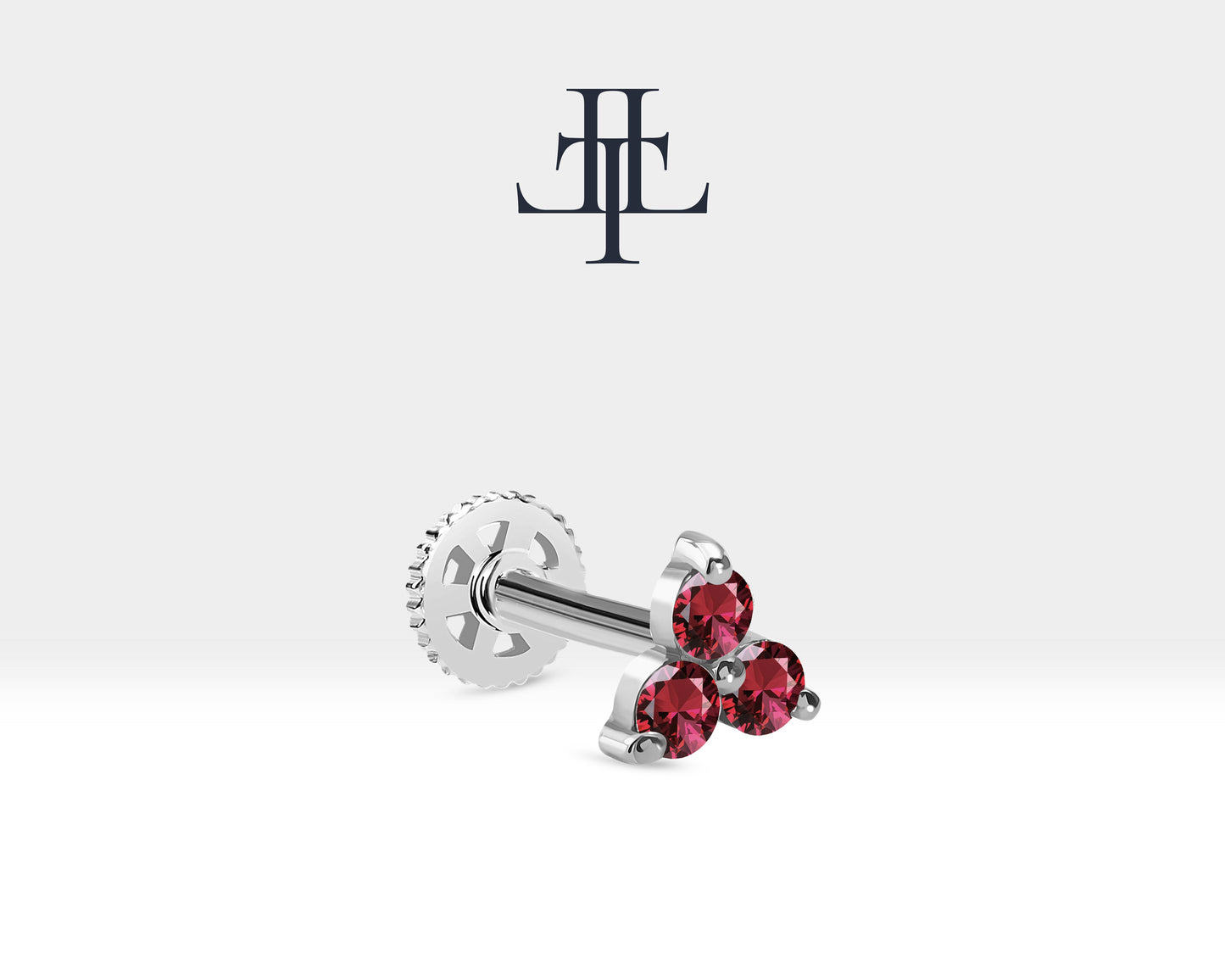 Cartilage Tragus Three Stone Piercing, Round Cut Ruby Piercing,14K White-Yellow-Rose Solid Gold,16G