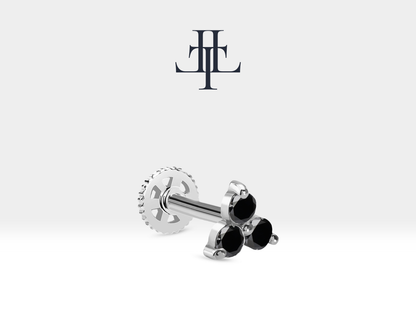 Cartilage Tragus Trio Black Diamond Piercing Single in 14K White-Yellow-Rose Solid Gold Triangle Helix 16G(1.2mm)