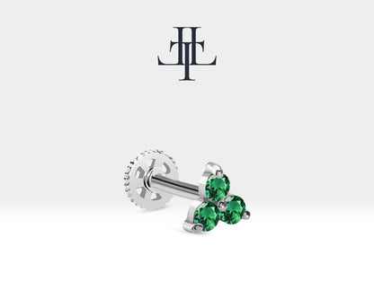 Cartilage Tragus Piercing with Round Cut Green Garnet Piercing in 14K White-Yellow-Rose Solid Gold 16G(1.2mm)
