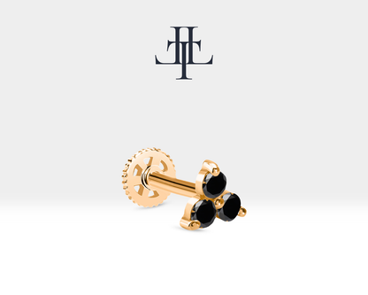 Cartilage Tragus Trio Black Diamond Piercing Single in 14K White-Yellow-Rose Solid Gold Triangle Helix 16G(1.2mm)