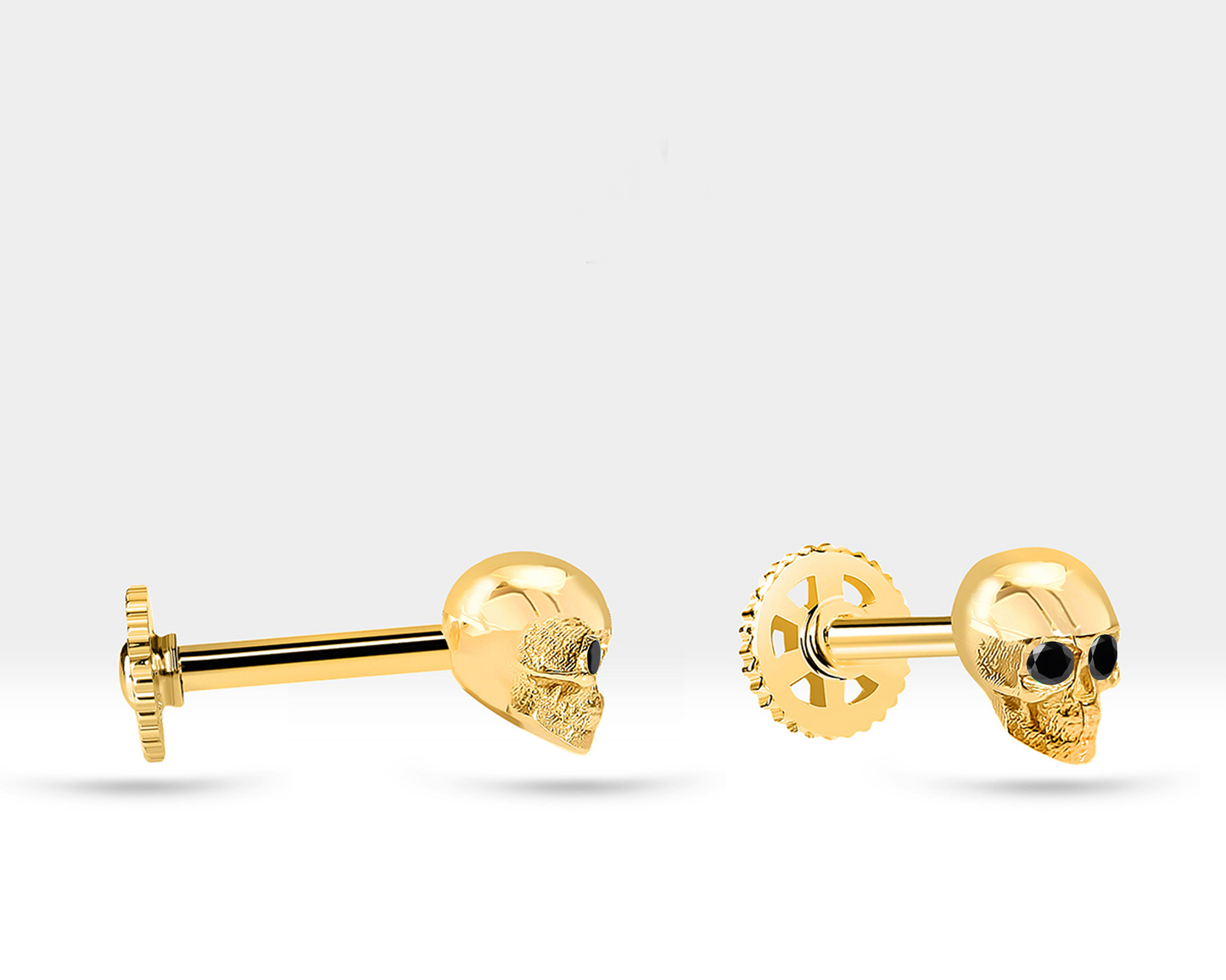 Skull Shaped Piercing with Black Diamond Tragus Piercing in 14K Yellow Solid Gold Helix 16G(1.2 mm),8mm Bar