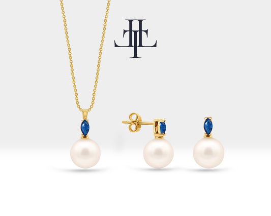 Necklace and Earrings Set in 14K Solid Gold with Pearl Necklace Earring Set for Bridal Jewelry Set with Marquise Cut Sapphire