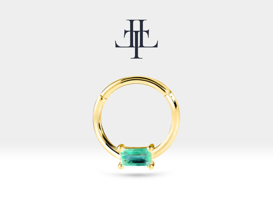 Cartilage Hoop Baguette Cut Emerald Clicker Single Earring 14K White Rose and Yellow Gold