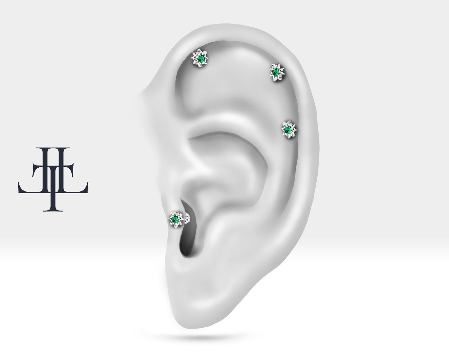 Star Design Round Cut Green Garnet Cartilage and Tragus Piercing 16 G/1.2 mm