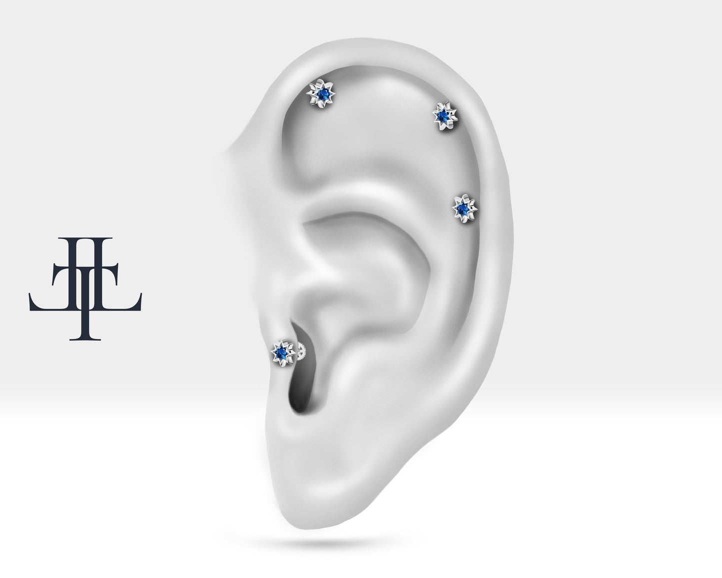 Star Design Round Cut Sapphire Cartilage and Tragus Piercing 16 G/1.2 mm