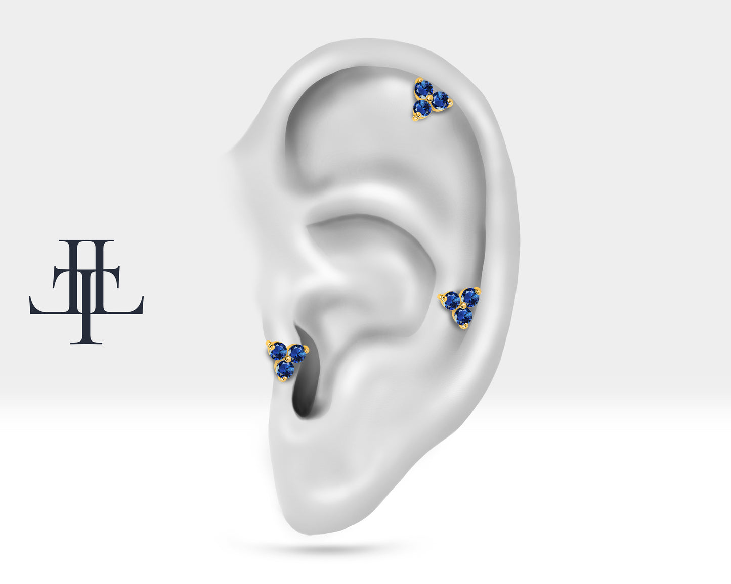 Cartilage Tragus Trio Piercing,Round Cut Sapphire Piercing Single in 14K White-Yellow-Rose Solid Gold 16G