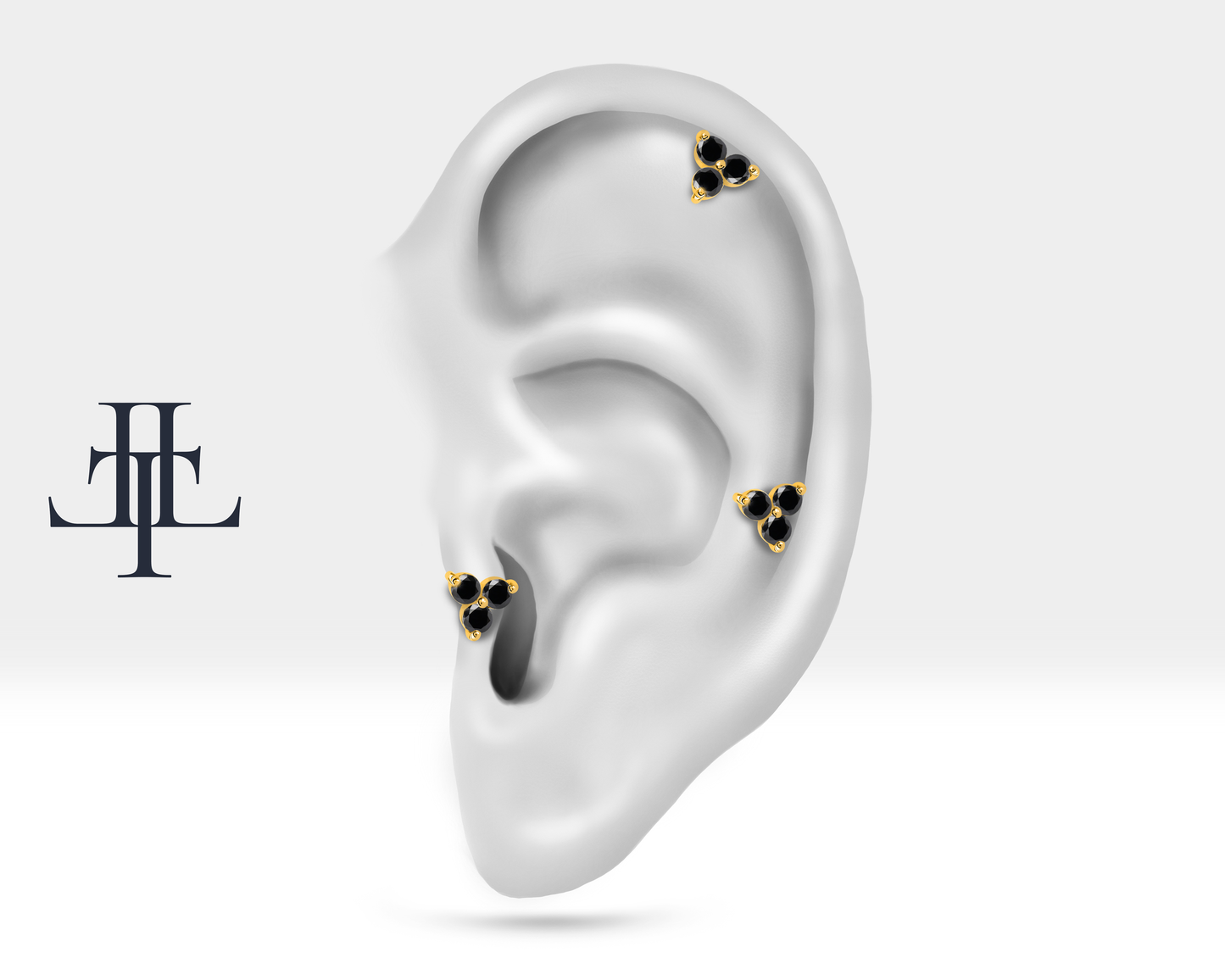 Cartilage Tragus Trio Black Diamond Piercing Single in 14K White-Yellow-Rose Solid Gold Triangle Helix 16G(1.2mm)